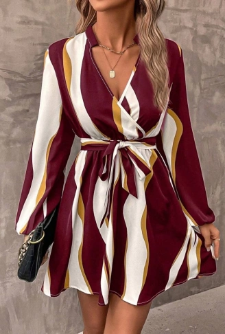 Kadın Uzun Kollu Kruvaze Yakalı Desenli Modal Mini Elbise