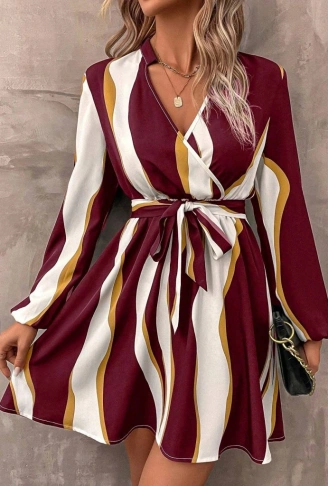 Kadın Uzun Kollu Kruvaze Yakalı Desenli Modal Mini Elbise