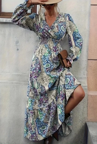 Kadın Uzun Kollu Kruvaze Yakalı Desenli Süprem Maxi Elbise