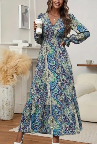 Kadın Uzun Kollu Kruvaze Yakalı Desenli Süprem Maxi Elbise