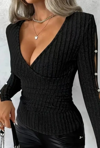 Kadın Uzun Kollu Kruvaze Yakalı Incili şardonlu Kaşkorse Bluz