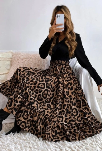 Kadın Uzun Kollu Kruvaze Yakalı Ithal Krep Bluz Ve Leopar Desenli Süprem Uzun Elbise