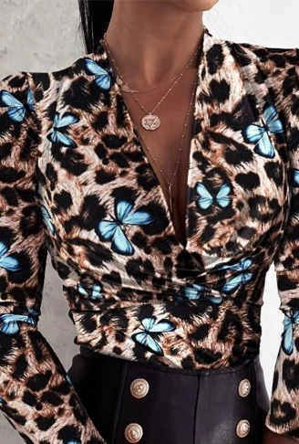 Kadın Uzun Kollu Kruvaze Yakalı Kelebek Desenli şardonlu Dalgıç Bluz