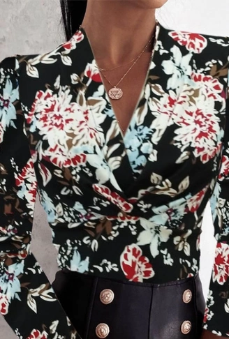 Kadın Uzun Kollu Kruvaze Yakalı Kelebek Desenli şardonlu Dalgıç Bluz