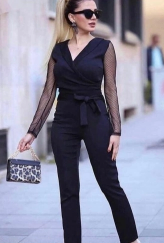 Kadın Uzun Kollu Kruvaze Yakalı Kolları Tül Detay Beli Kuşaklı Ithal Krep Tulum