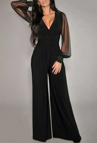 Kadın Uzun Kollu Kruvaze Yakalı Kolları Tüllü Viskon Tulum