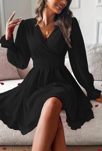 Kadın Uzun Kollu Kruvaze Yakalı Mini Sandy Elbise