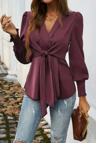 Kadın Uzun Kollu Kruvaze Yakalı önden Bağlamalı Ithal Krep Bluz