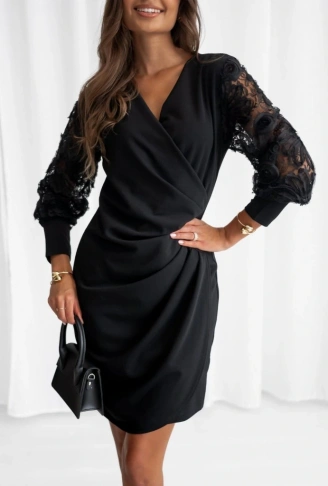 Kadın Uzun Kollu Kruvaze Yakalı önden çapraz Detaylı Kolları çiçek Dantel Detaylı Mini Ithal Krep Elbise