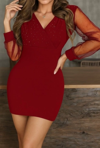 Kadın Uzun Kollu Kruvaze Yakalı Taşlı Mini Ithal Krep Elbise