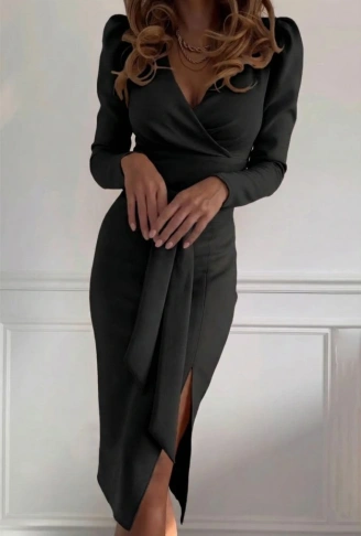 Kadın Uzun Kollu Kruvaze Yakalı Yandan Yırtmaçlı Belden Kuşaklı Midi Ithal Krep Elbise