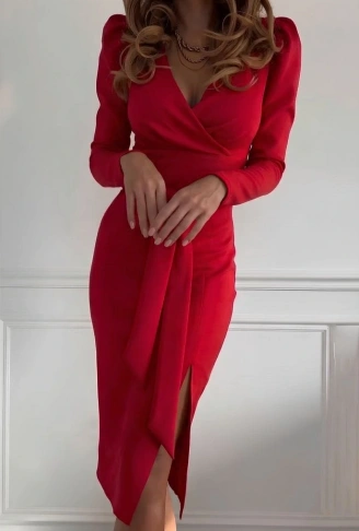 Kadın Uzun Kollu Kruvaze Yakalı Yandan Yırtmaçlı Belden Kuşaklı Midi Ithal Krep Elbise