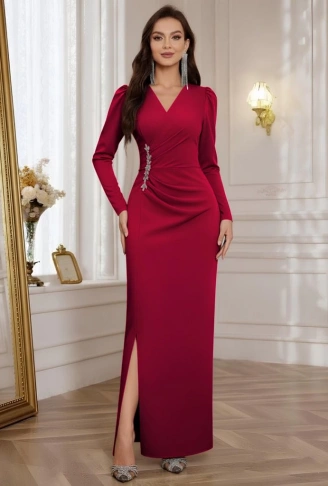 Kadın Uzun Kollu Kruvaze Yakalı Yanları Taşlı Yırtmaçlı Uzun Ithal Krep Elbise
