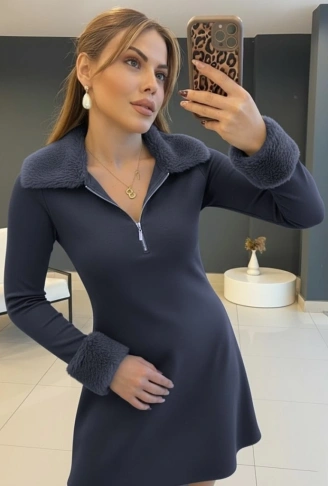 Kadın Uzun Kollu Kürk Yakalı Fermuarlı Mini Viskon Iki Iplik Elbise