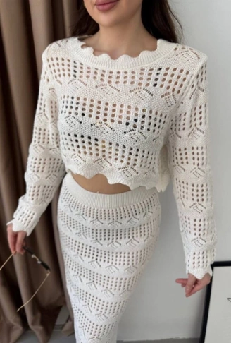 Kadın Uzun Kollu Kuş Gözü Transparan Detay Triko Bluz Ve Maxi Boy Etek Ikili Takım