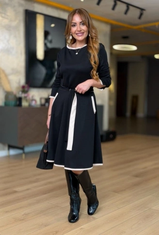 Kadın Uzun Kollu Kuşak Dahil Midi Boy Lbise