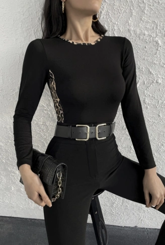 Kadın Uzun Kollu Leopar şeritli Viskon Bluz