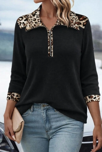 Kadın Uzun Kollu Leopar Yakalı Fermuarlı Waffle Bluz