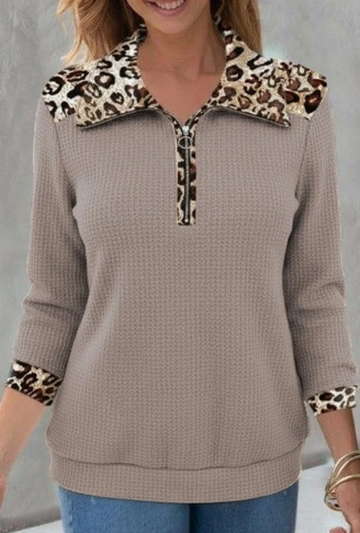 Kadın Uzun Kollu Leopar Yakalı Fermuarlı Waffle Bluz