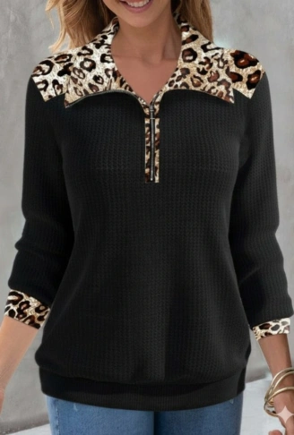 Kadın Uzun Kollu Leopar Yakalı Fermuarlı Waffle Bluz