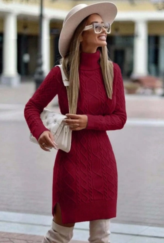 Kadın Uzun Kollu Loren Yünlü Motifli Midi Boy Triko Elbise