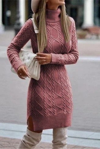 Kadın Uzun Kollu Loren Yünlü Motifli Midi Boy Triko Elbise