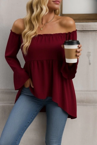 Kadın Uzun Kollu Madonna Yaka Asimetrik Detaylı Kolları Ispanyol Viskon Bluz