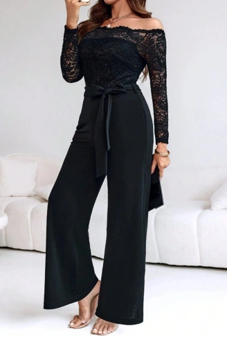 Kadın Uzun Kollu Madonna Yaka Dantelli Yandan Bağlamalı Ithal Krep Tulum