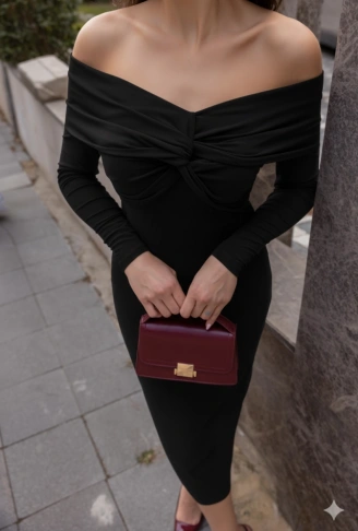 Kadın Uzun Kollu Madonna Yaka Düğüm Büzgü Detay Maxi Boy Elblbise