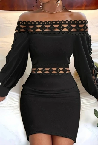 Kadın Uzun Kollu Madonna Yaka Kol Yaka Bel Dantel Detay şardonlu Dalgıç Elbise