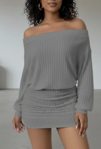 Kadın Uzun Kollu Madonna Yaka Yanlardan Büzgülü şardonlu Kaşkorse Mini Elbise