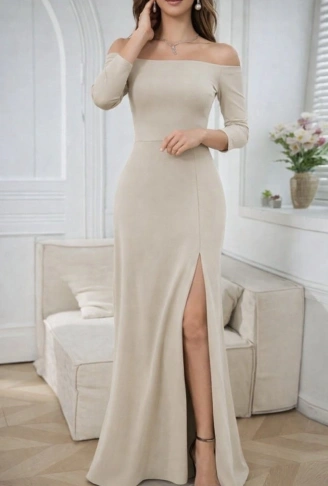 Kadın Uzun Kollu Madonna Yakalı Yırtmaç Detaylı Uzun Ithal Krep Elbise