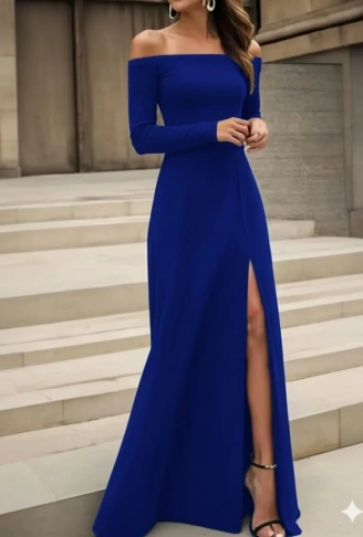 Kadın Uzun Kollu Madonna Yakalı Yırtmaç Detaylı Uzun Ithal Krep Elbise