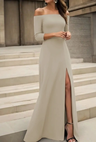 Kadın Uzun Kollu Madonna Yakalı Yırtmaç Detaylı Uzun Ithal Krep Elbise