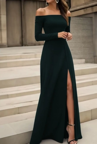 Kadın Uzun Kollu Madonna Yakalı Yırtmaç Detaylı Uzun Ithal Krep Elbise