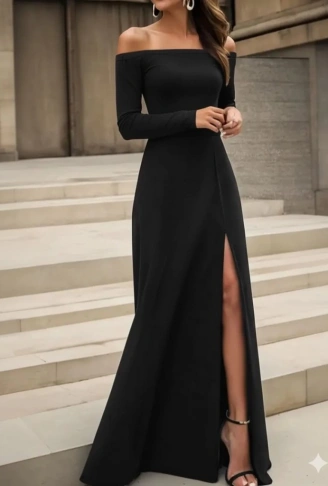 Kadın Uzun Kollu Madonna Yakalı Yırtmaç Detaylı Uzun Ithal Krep Elbise