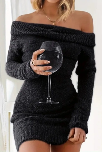 Kadın Uzun Kollu Omuzlardan Açık Kısa şardonlu Triko Elbise