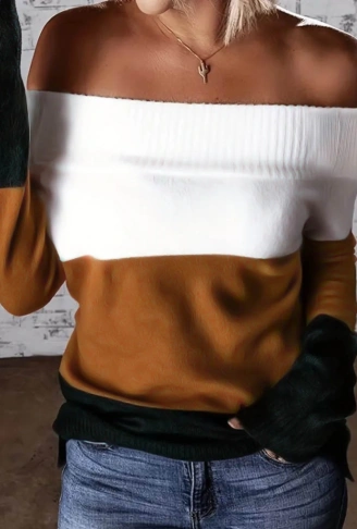 Kadın Uzun Kollu Omuzlardan Açık Uzun Kollu Blok çizgili Triko Bluz