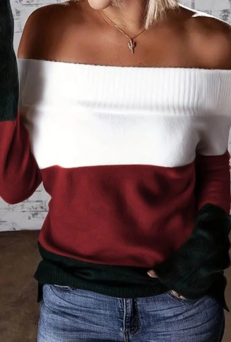 Kadın Uzun Kollu Omuzlardan Açık Uzun Kollu Blok çizgili Triko Bluz