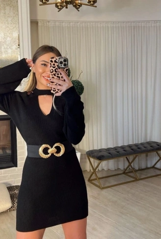 Kadın Uzun Kollu Omuzları Açık Boyundan şerit Detay Kaşkorse Elbise