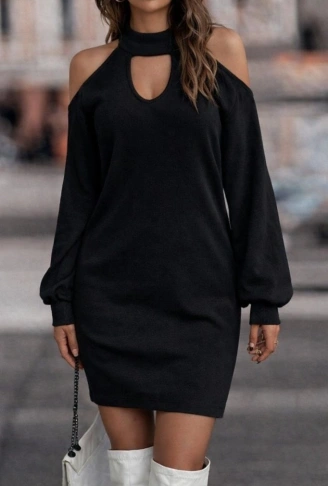 Kadın Uzun Kollu Omuzları Açık Boyundan şerit Detay Kaşkorse Elbise