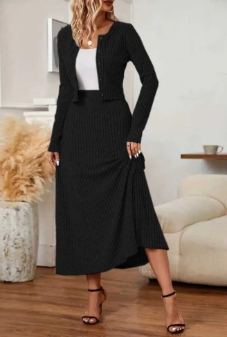 Kadın Uzun Kollu önden Düğmeli Bluz Ve Yüksek Bel A Kesim Uzun Etek şardonlu Kaşkorse Ikili Takım