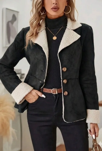 Kadın Uzun Kollu önden Düğmeli Cep Detaylı Kısa Süet Ceket