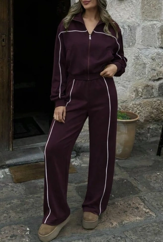 Kadın Uzun Kollu önden Fermuarlı Bluz Ve Pantolon Modal Ikili Takım