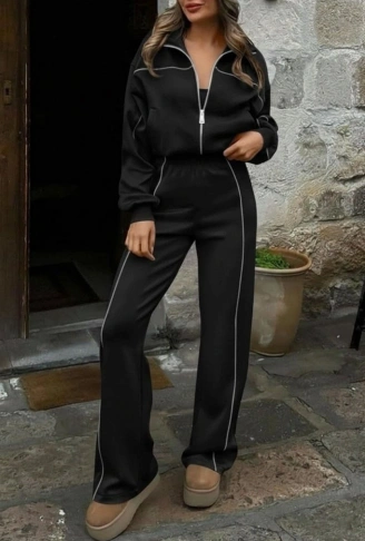 Kadın Uzun Kollu önden Fermuarlı Bluz Ve Pantolon Modal Ikili Takım