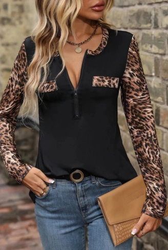 Kadın Uzun Kollu önden Fermuarlı Cepli Leopar Detaylı Viskon