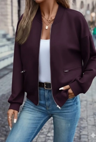 Kadın Uzun Kollu önden Fermuarlı Cepli Modal Mürdüm Ceket