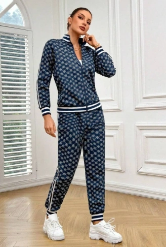 Kadın Uzun Kollu önden Fermuarlı Desenli Iki Iplik Bluz Ve Pantolon Ikili Takım