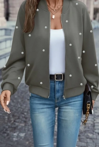 Kadın Uzun Kollu önden Fermuarlı Incili Kısa Modal Ceket