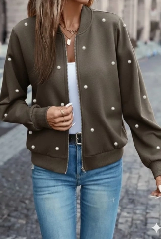 Kadın Uzun Kollu önden Fermuarlı Incili Kısa Modal Ceket